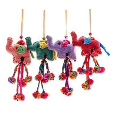 Pompom Parade,'Handcrafted Cotton-Blend Elephant Ornaments (Set of 4)'