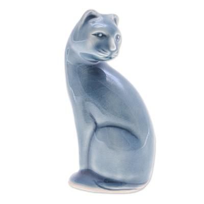 'Blue Celadon Ceramic Cat Figurine Hand-Crafted in Thailand'