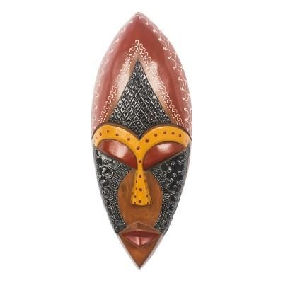 Face of Favor,'Hand Carved African Mask in Black, Brown and Yellow'