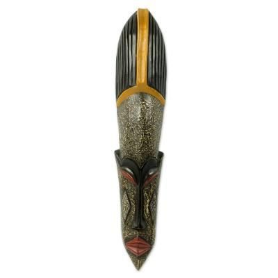 Alhairi,'Original African Wall Mask in Hand Carved Wood and Brass'