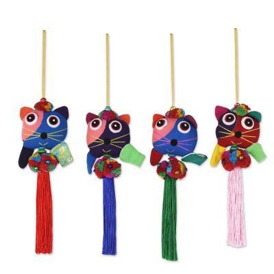 Happy Thai Cats,'4 Hand Crafted Multicolor Cats and Brass Bells Ornaments'