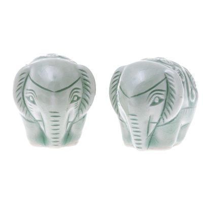 Elephant Paramours,'Pair of Handmade Thai Celadon Ceramic Elephant Figurines'
