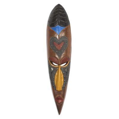 'Heart-Pattern African Wood and Aluminum Mask from Ghana'