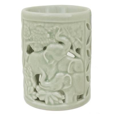 Happy Forest,'Hand Crafted Ceramic Clay Oil Warmer Thai Green Elephants'