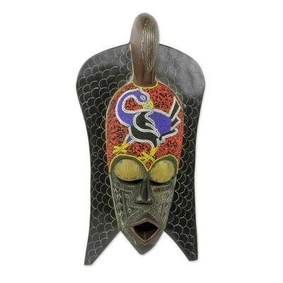 Sankofa Philosophy,'African Wood Wall Mask with Beaded Adinkra Symbol'