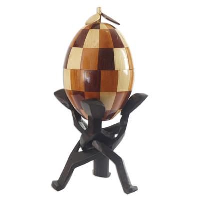 Checkered Secret,'Handcrafted Sese Wood and Coconut Shell Sculpture with Base'