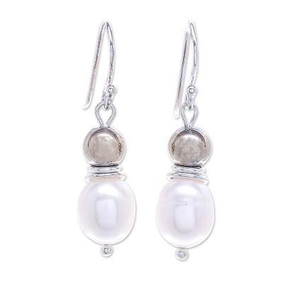 By the Sea,'Cultured Freshwater Pearl and Hematite Dangle Earrings'