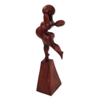 Ball Stretch,'Suar Wood Sculpture of a Woman with a Ball from Bali'