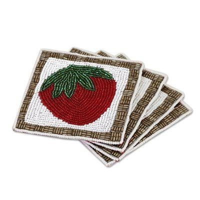 Sweet Strawberry,'Set of Four Glass Beaded Strawberry Coasters from India'