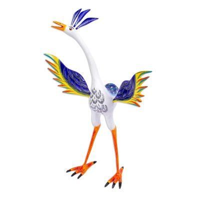 'Hand-Painted Wood Alebrije Heron Sculpture from Mexico'