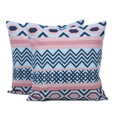Modern Stripes,'Pastel and Navy Geometric Pair of Cotton Cushion Covers'