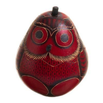 Paunchy Red Owl,'Dried Mate Gourd Box Painted in an Owl Motif from Peru'