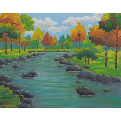 'Warm-Toned Unstretched Signed Acrylic Impressionist Painting'