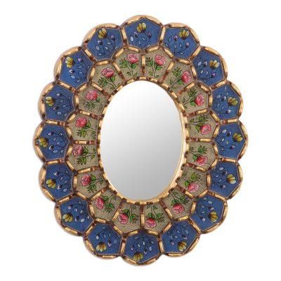 Idyllic Garden in Blue,'Oval Reverse-Painted Glass Wall Mirror'