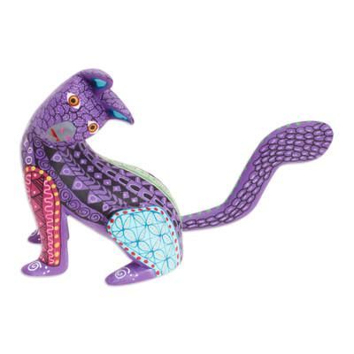 'Wood Cat Alebrije Figurine in Purple Hand-Painted in Mexico'