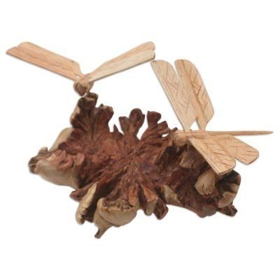 Sweet Wings,'Hand Carved Jempinis Wood Dragonfly Statuette'