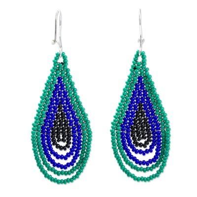 'Green and Blue Drop-Shaped Beaded Earrings from Mexico'