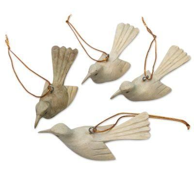 Take Flight,'Hand Crafted Hibiscus Wood Bird Ornaments (Set of 4)'