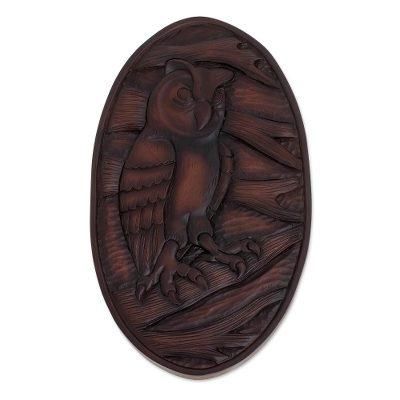 Owl Watcher,'Owl-Themed Pochote Wood Relief Panel from Costa Rica'
