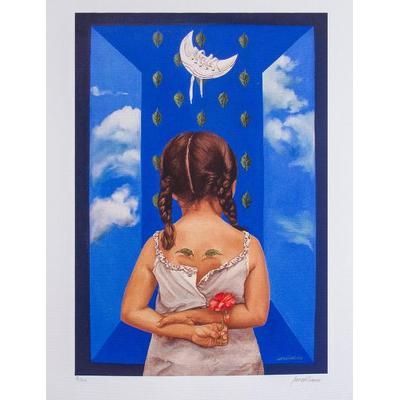 Blue Thought I,'Girl with an Apple Surrealist Print from Mexico'