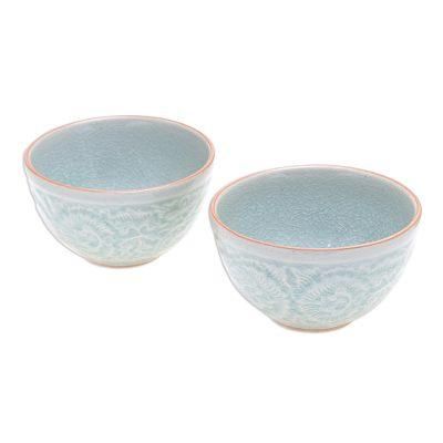 Antique Flora,'Hand Made Celadon Ceramic Floral Bowls (Pair)'