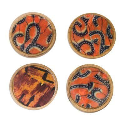African Maze,'Orange and Blue Wood and Cotton Coasters (Set of 4)'