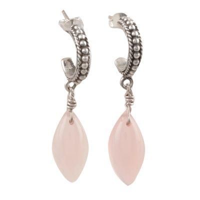 Soft Delight,'Pink Chalcedony Half-Hoop Dangle Earrings from India'