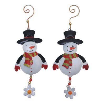 Snowman Delight,'Handcrafted Steel Snowman Ornaments from Bali (Pair)'