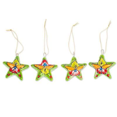 Olive Constellation,'Set of 4 Handcrafted Talavera Star Ceramic Ornaments'