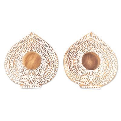 Betel Delight,'Mango Wood Tealight Candle Holders with Leaf Motif (Pair)'