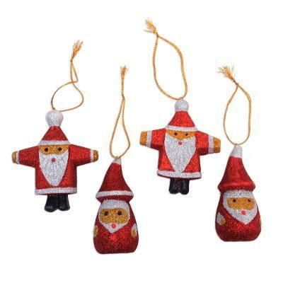 Sparkling Santas,'Glittering Wood Santa Ornaments from Bali (Set of 4)'