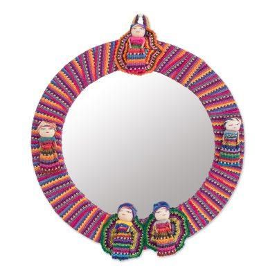 Quitapenas Reflection,'Circular Cotton Wall Mirror with Worry Dolls from Guatemala'