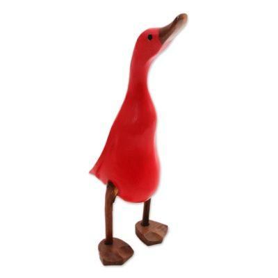 Barefoot Duck,'Acacia Wood and Bamboo Root Duck Sculpture in Red from Bali'
