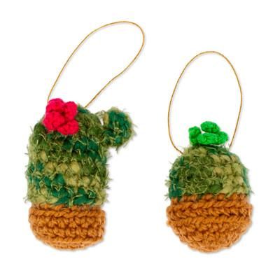 Desert Cheer,'Hand Crocheted Potted Cactus Ornaments (Pair)'