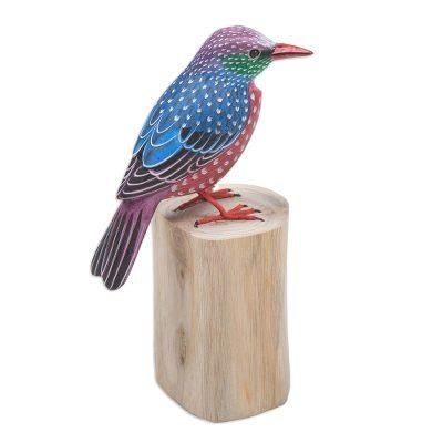 Starling Spreeuw,'Teak & Suar Wood Bird Statuette Carved and Painted by Hand'