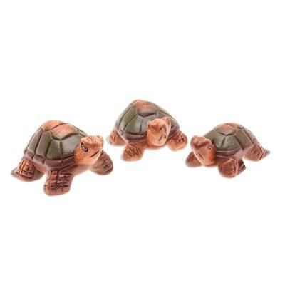 'Set of 3 Hand-Carved and Hand-Painted Turtle Wood Figurines'