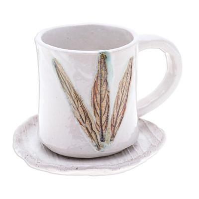 Lovely Leaves,'Handcrafted Leaf-Themed Ceramic Mug and Saucer Set'
