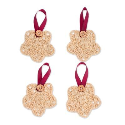 Beige Sensations,'Set of 4 Beige Crocheted Ornaments with Plastic Buttons'