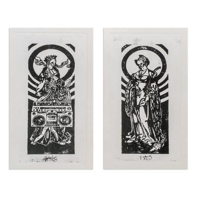 Boom Box,'Handmade Expressionist Diptych Woodcut Print of The Reaper'
