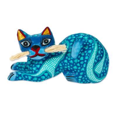 Blue Pouncing Cat,'Blue and Turquoise Whiskered Cat Alebrije from Oaxaca'