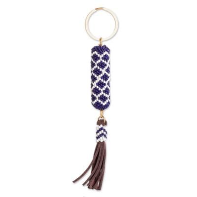 Diamond Blue,'Beaded Leather Keychain and Bag Charm Handmade in Guatemala'