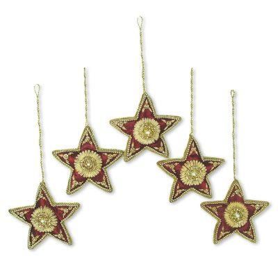 Beaded ornaments, 'Scarlet Stars' (set of 5)