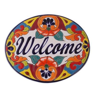 'Floral Talavera-Style Ceramic Welcome Wall Sign from Mexico'