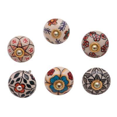 Harmonious Flowers,'Colorful Floral Ceramic Knobs from India (Set of 6)'
