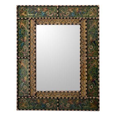 Green Peruvian Elegance,'Reverse Painted Glass and Wood Framed Wall Mirror from Peru'