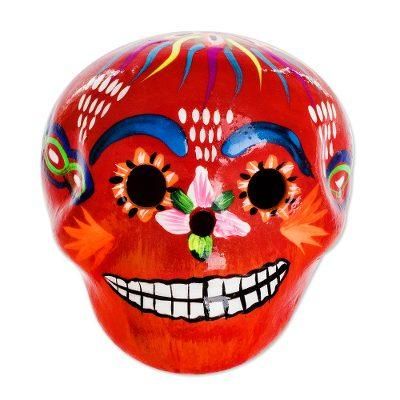 Flowery Skull in Red,'Multicolored Ceramic Figurine'