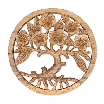 'Hand-Carved Suar Wood Relief Panel of Tree and Flowers'