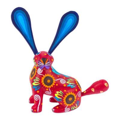 Fluffy Russet Ears,'Floral Russet Copal Wood Alebrije Bunny Figurine from Mexico'