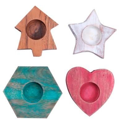 Cozy Glitter,'Set of 4 Wood Tealight Candle Holders with Distressed Finish'