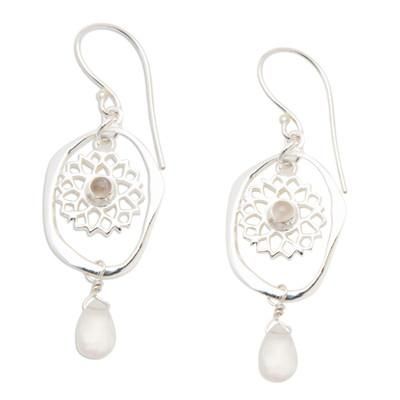 Pink Aura Chakra,'Chakra Themed Sterling Silver Rose Quartz Dangle Earrings'